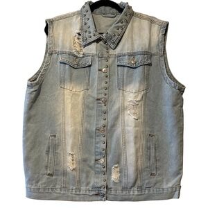 Men’s Light Wash Studded Distressed Denim Vest